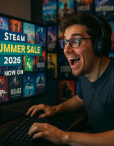 تصویری از یک گیمر هیجانزده که به صفحه کامپیوتر با نمایش فروش ویژه Steam Summer Sale 2026 نگاه میکند.