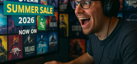 تصویری از یک گیمر هیجان‌زده که به صفحه کامپیوتر با نمایش فروش ویژه Steam Summer Sale 2026 نگاه می‌کند.