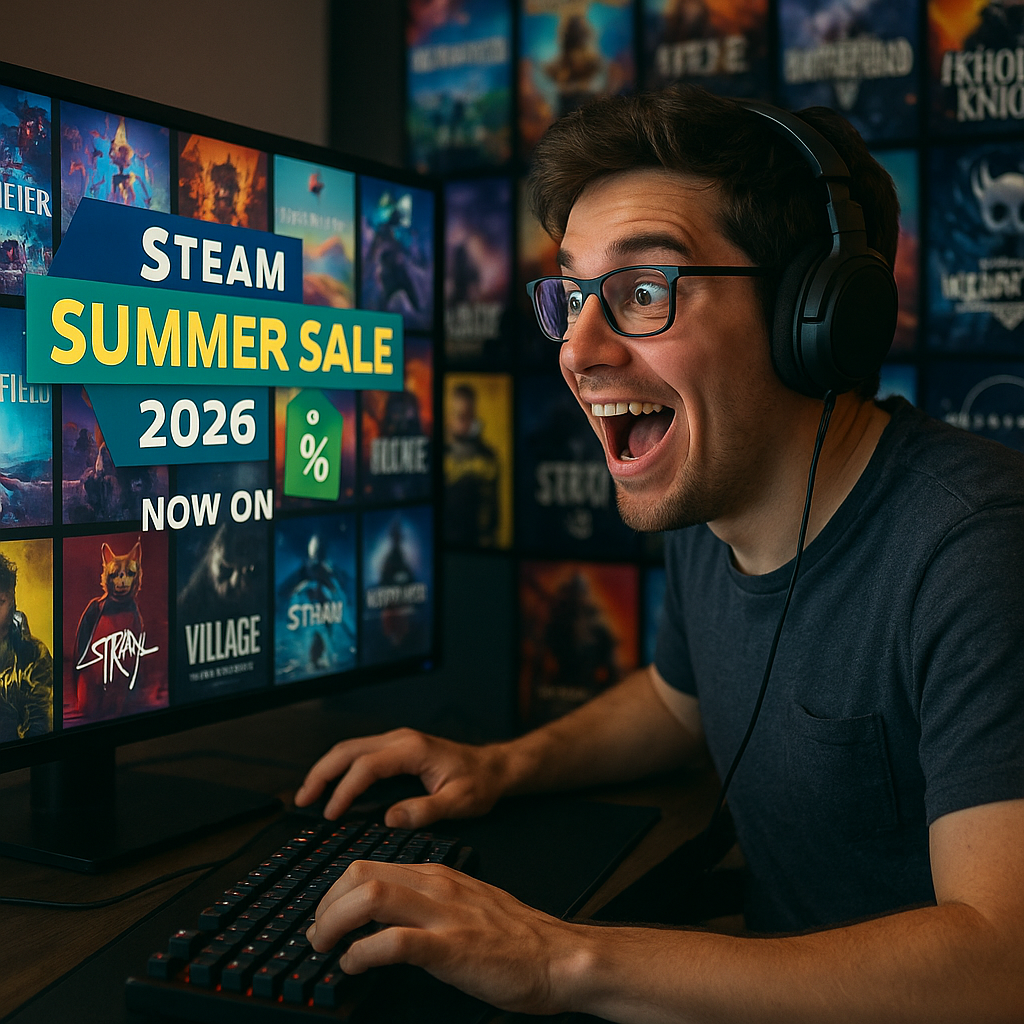 تصویری از یک گیمر هیجان‌زده که به صفحه کامپیوتر با نمایش فروش ویژه Steam Summer Sale 2026 نگاه می‌کند.